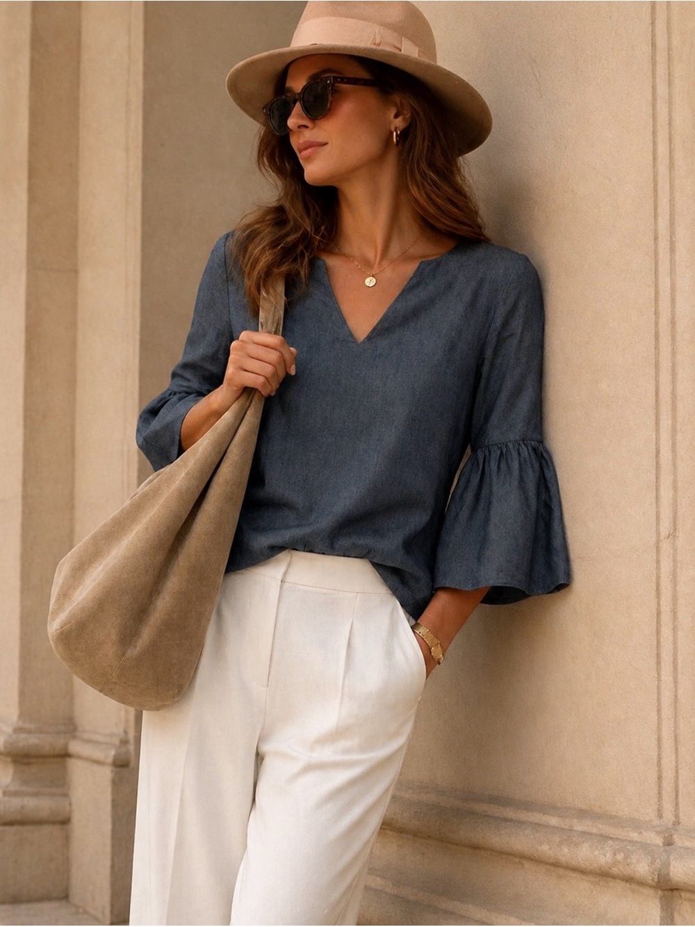 Banana Republic Chambray Blue V-Neck Top with Ruffled Sleeves 100% cotton